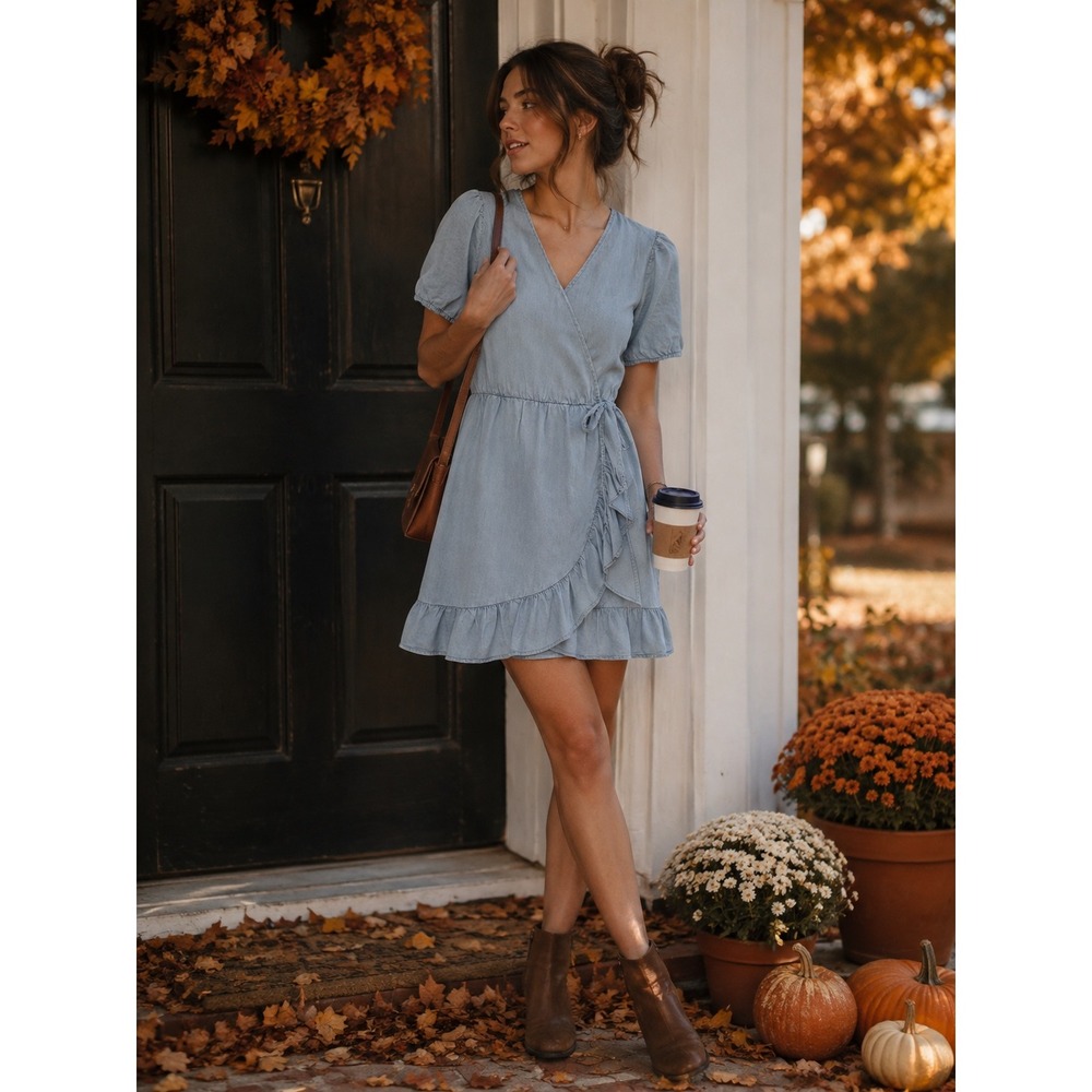 Madison + Hudson Light Wash Lyocell Chambray Ruffle Wrap Dress Blue M